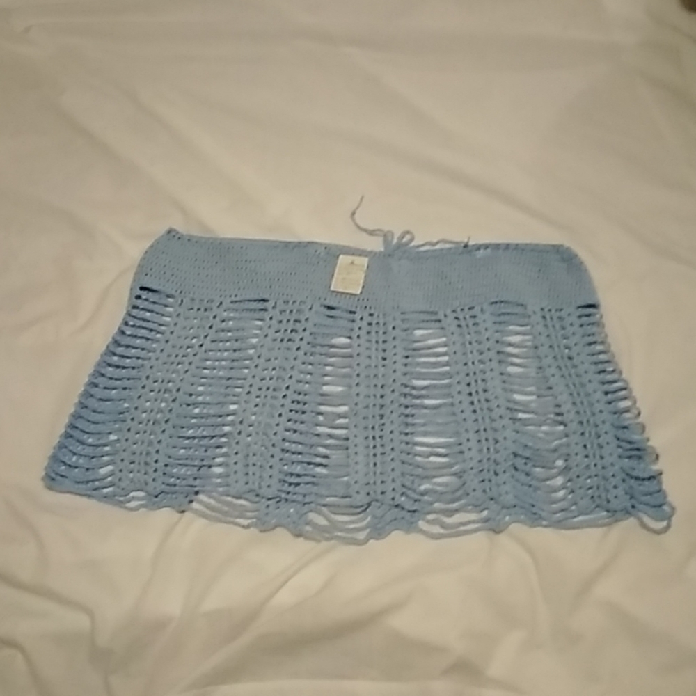 Hand made shrug, crochet light blue w draw string